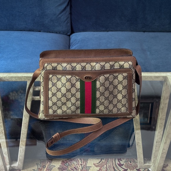 GUCCIVintage Shoulder Bag Sherry Line GG Supreme Old Gucci 3-layer Brown PVC‎
